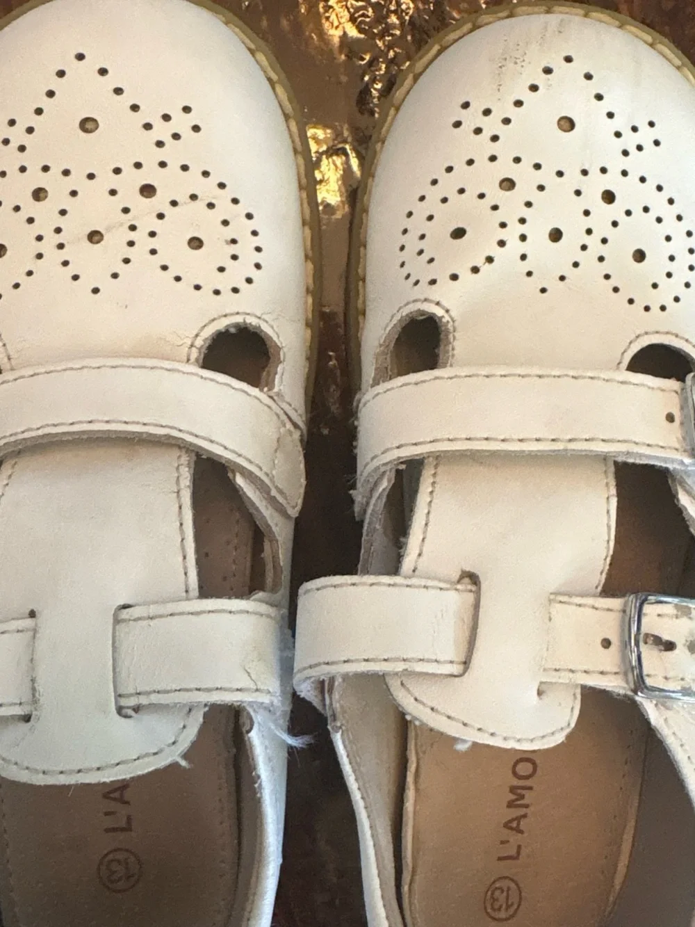 L'Amour Cream Girls Double-Strap Perforated Mary Jane Shoes
